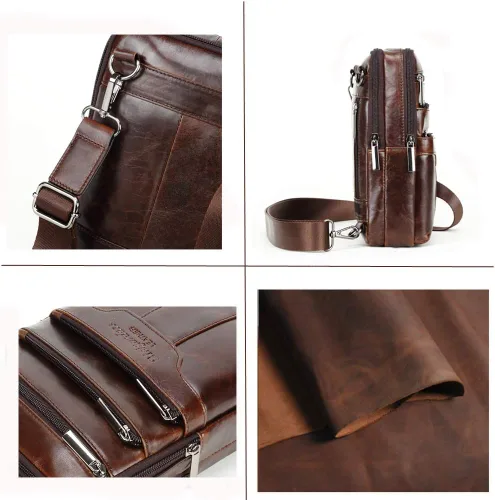 Vista 7 de Bolso bandolera vintage de piel de vaca para hombre, Marrón oscuro