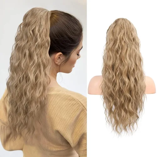 Vista 26 de FLUFYMOOZ Extensión de cola de caballo de 22 pulgadas, extensiones de cabello sintético ondulado largo y rizado para mujer