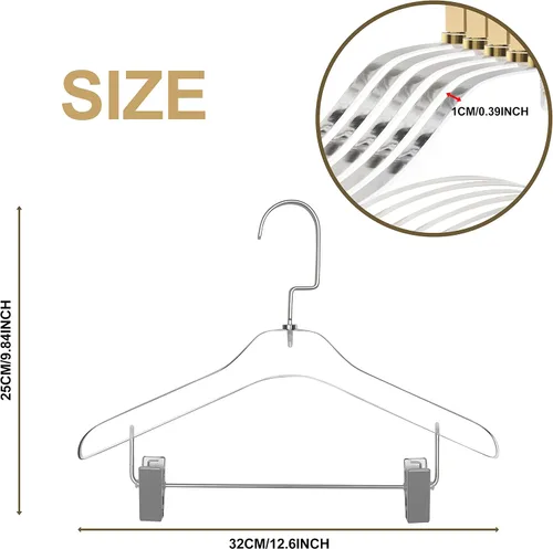Vista 5 de Perchas de acrílico Lucite de calidad de 12.5 pulgadas para pantalones, paquete de 4, elegante colgador de ropa con ganchos dorados o plateados
