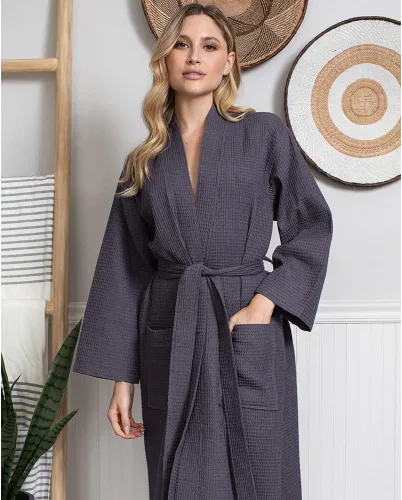 Vista 3 de Lotus Linen Batas ligeras de tejido gofre para mujer, bata larga de algodón suave, bata de baño tipo kimono para spa