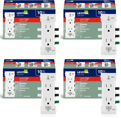 Vista 8 de Leviton Lever Edge - Tomacorriente de pared dúplex resistente a manipulaciones de 15 A, paquete de 10, E5325-MW, color blanco