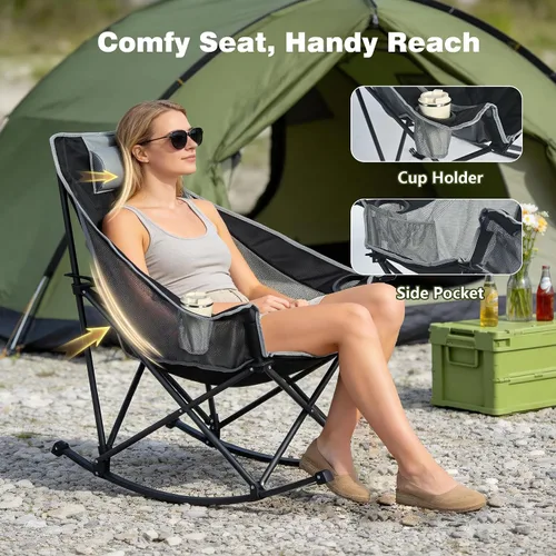 Vista 4 de SUNNYFEEL Silla de Camping con Balanceo, Silla Reclinable de Lujo Acolchada, Silla de Césped Plegable Extragrande con Bolsillo, Silla Resistente