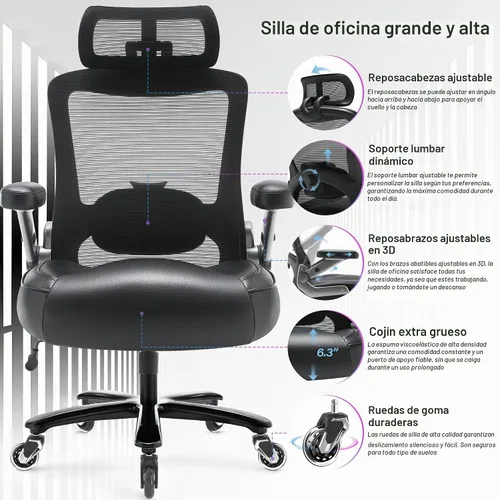 Vista 4 de Silla de oficina grande y alta de 600 libras, silla de escritorio ejecutiva