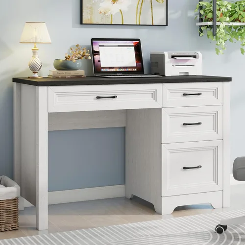 Vista 6 de Halitaa Escritorio ejecutivo de granja con cajones, escritorio de madera para computadora con amplio cajón de archivos, escritorio rústico