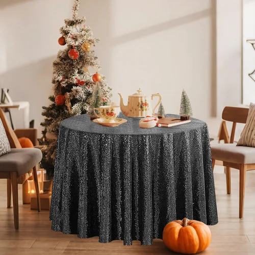 Vista 9 de Pufogu Mantel redondo de lentejuelas negras de 50 pulgadas con purpurina negra para decoración de cumpleaños, boda, despedida de soltera, baby Negro