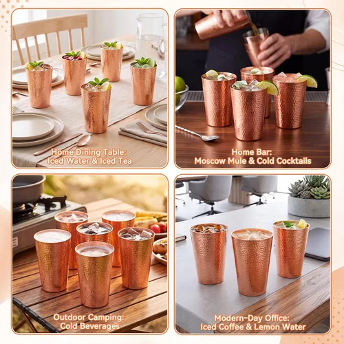 Vista 4 de Paquete de 6 vasos de cobre 100% puro para beber