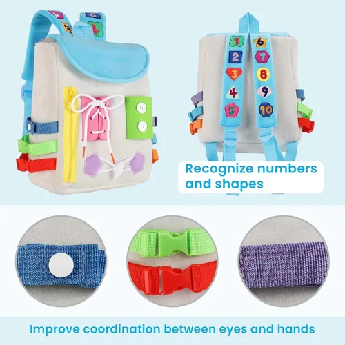 Vista 2 de Busy Board - Mochila para niños pequeños con hebillas y juguetes de actividades de aprendizaje, desarrolla habilidades motoras finas y habilidades