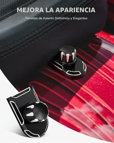 Vista 2 de Amazicha Perno de asiento de tornillo de acero inoxidable moleteado negro con lengüeta de cubierta de perilla compatible con Harley Davidson Touring