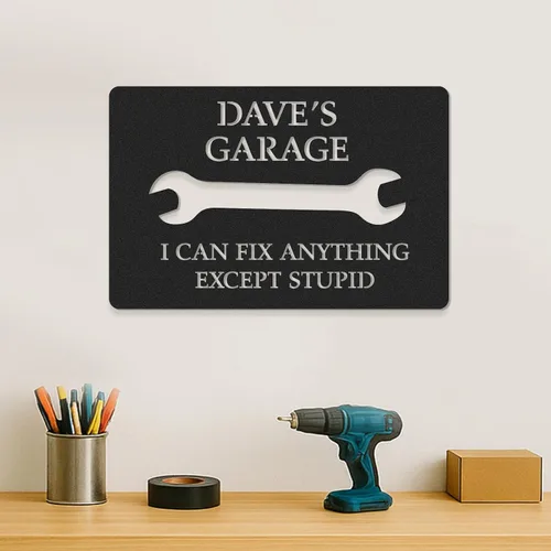 Vista 15 de Letreros de garaje personalizados para hombres, letrero de garaje para papá, letrero personalizado de metal para exteriores, decoración de cueva