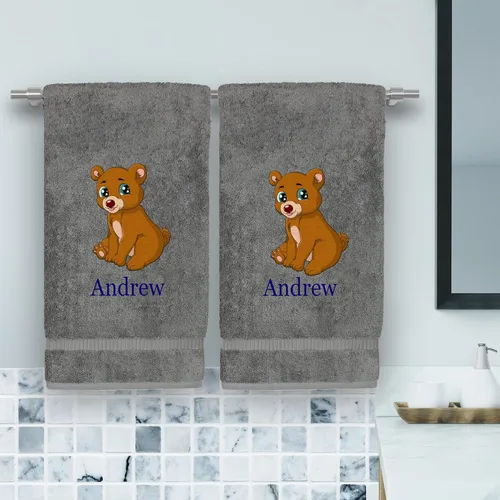 Vista 2 de Toalla de mano personalizada para niños, 100 % algodón turco, texto personalizado e impresiones de animales