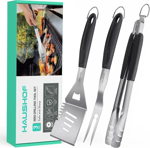 Vista 10 de HAUSHOF Accesorios para Parrilla Grandes de Servicio Pesado, Juego de Barbacoa, Regalos para Hombres y Mujeres - Espátula, Tenedor y Pinzas de Acero