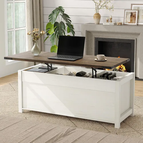 Vista 4 de Furnihold Mesa auxiliar de 47.3 pulgadas con almacenamiento, mesa de centro de madera de granja con parte superior elevable, puertas corredizas