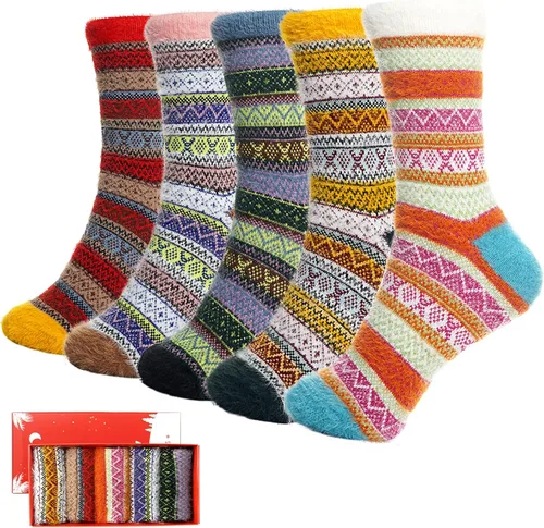 Vista 8 de ICEIVY 5 pares de calcetines de lana para mujer, cálidos, de algodón, gruesos, estilo vintage, casual, para invierno, de cabina, calcetines de tripa
