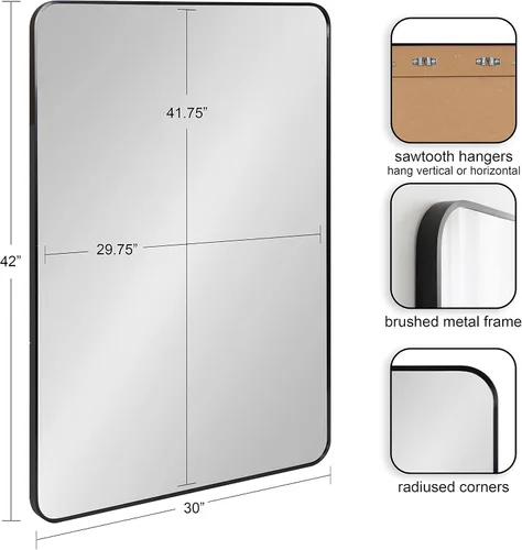 Vista 2 de Kate and Laurel Zayda Radius - Espejo rectangular de pared, 30 x 42, negro, espejo rectangular minimalista con marco de metal con esquinas