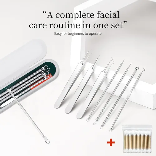 Vista 8 de DUcare Kit de herramientas para reventar espinillas, herramientas para quitar puntos negros, pinzas para el cabello encarnado, extractor de Plateado