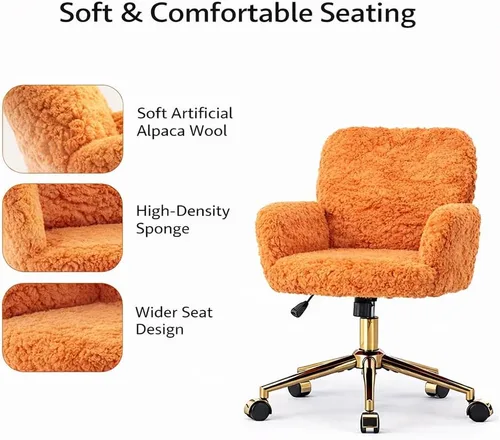 Vista 4 de Silla de tocador de piel sintética, silla de escritorio giratoria ajustable con ruedas y base dorada, cómoda silla ancha de maquillaje mullida