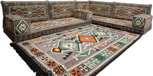 Vista 25 de arabicsofa Juego de asientos Jalsa en forma de L – Majlis árabe hecho a mano con almohadas de respaldo