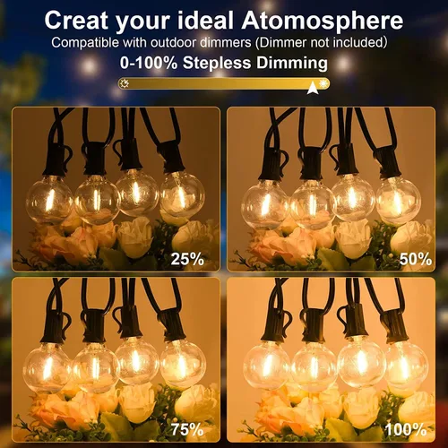 Vista 4 de Tira de luces para exteriores, 50 pies con 27 bombillas LED G40 regulables, inastillables, transparentes, aprobación UL, impermeable, 1 W, 2700 K