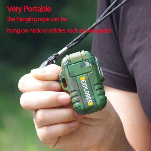 Vista 3 de Encendedor eléctrico recargable de plasma de doble arco, sin llama, impermeable, resistente al viento, para campamento, senderismo, esquí, aventura