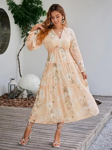 Vista 3 de Amegoya - Vestido largo casual de manga corta con cuello en V para mujer, diseño floral, estilo bohemio, para la playa, sesión de fotos, con volantes