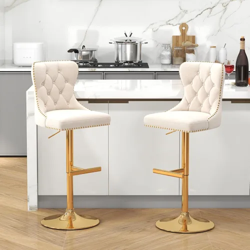 Vista 2 de Juego de 2 taburetes de bar, taburetes giratorios de terciopelo con respaldo copetudo, asiento ajustable con ribete de cabezas de clavos, sillas