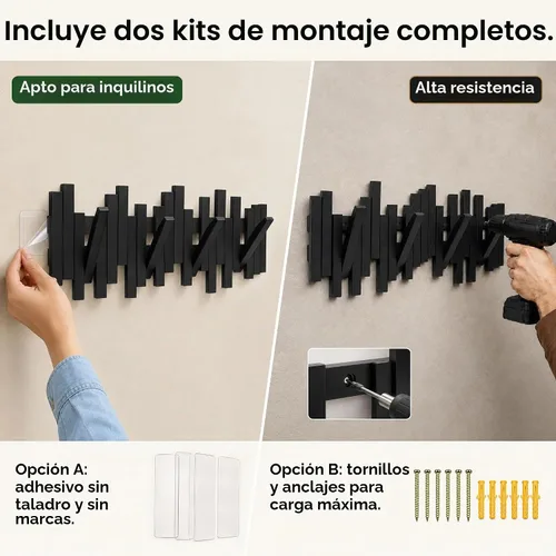 Vista 3 de MinBoo Perchero de Bambú con Múltiples Ganchos - Ganchos Decorativos para Pared Modernos, Únicos, que Ahorran Espacio, Perchero con 4 Ganchos Negro
