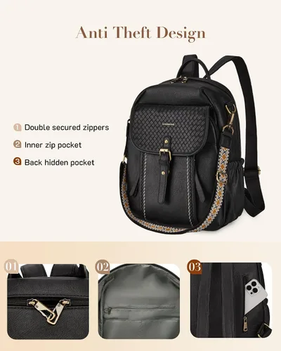 Vista 3 de Missnine Mochila de cuero para mujer, mochila antirrobo, bolsa de hombro convertible con cremalleras seguras para viajes y trabajo, Negro -, Vintage