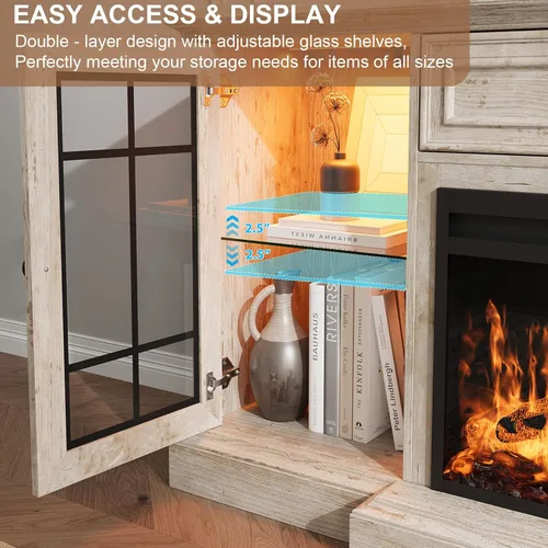 Vista 8 de Soporte de TV con chimenea de hasta 80" TVs, centro de entretenimiento moderno de 70" con chimenea eléctrica de 36" y luces LED, consola multimedia