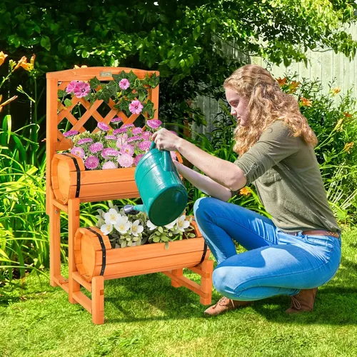 Vista 2 de S AFSTAR Cama de jardín elevada de 2 niveles con enrejado, maceta de madera con enrejado de diamante, maceta elevada para plantas trepadoras de vid
