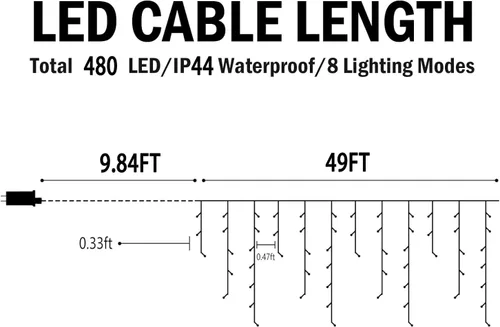 Vista 4 de Luces de Navidad para exteriores, 49 pies, 480 luces LED para exteriores, 90 tiras de luces de carámbano con 8 modos, temporizador impermeable