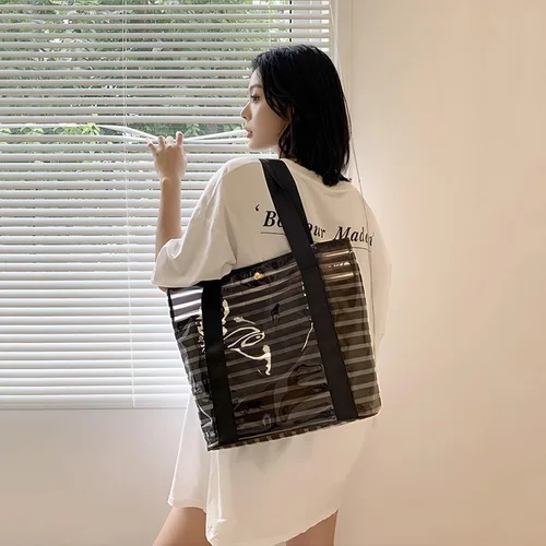 Vista 4 de forestfish Bolsa transparente aprobada para estadios bolsa de PVC a rayas reutilizable con asas para mujer Bolsa de PVC