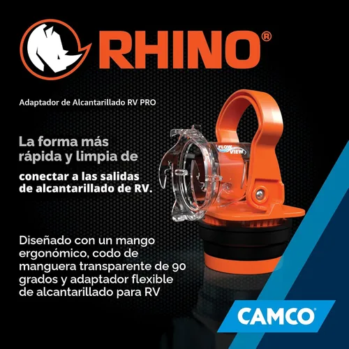 Vista 6 de Camco Rhino Adaptador de alcantarillado RV PRO - Codo de manguera de alcantarillado transparente con adaptador de bloqueo de drenaje - Incluye mango
