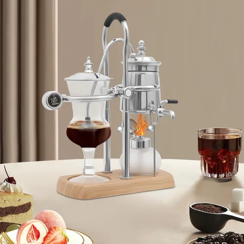 Vista 6 de Cafetera de sifón vintage, cafetera de sifón, elegante sistema de cafeteras retro, cafetera plateada con lámpara de alcohol para un rico sabor