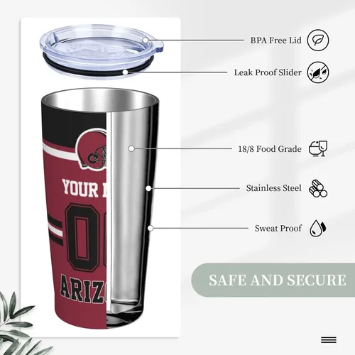 Vista 4 de Arizona - Vaso personalizado con nombre y número, vasos aislados personalizados con pajilla, taza de café de viaje de acero inoxidable