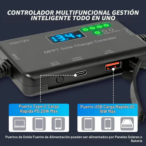 Vista 2 de Controlador de carga solar 10A MPPT 12V con USB-C y carga USB