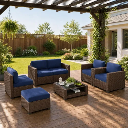 Vista 13 de Juego de 7 muebles de patio al aire libre, sofá seccional al aire libre, muebles de mimbre para patio, juego de conversación de patio con mesa