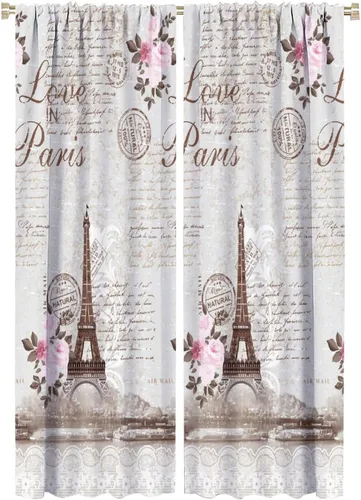 Vista 33 de Cortinas de la Torre Eiffel de París, pintura al óleo, flores moradas, torres de ciudad, con bolsillo para barra, cortinas de ventana