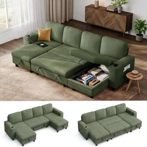 Vista 18 de LINSY HOME - Sofá seccional con cama extraíble y sofá cama deslizable, sofá convertible de pana mullida tipo nube con chaise de almacenamiento