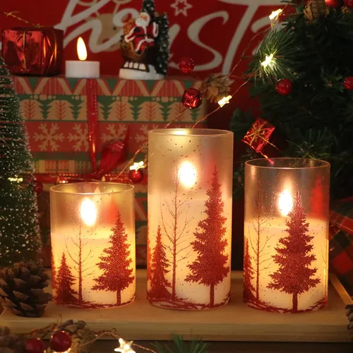 Vista 4 de Velas de Cristal sin Llama de Árbol de Navidad con Control Remoto Temporizador Operadas con Batería Cera Real Mecha 3D LED Parpadeantes Velas