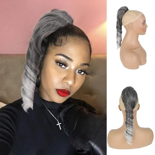Vista 9 de KRSI Extensión de cola de caballo corta con cordón de 14 pulgadas para mujeres negras, cabello negro rizado, cola de caballo ondulada, piezas