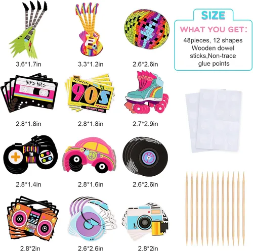 Vista 2 de Epakh 48 piezas de decoración para cupcakes de los años 90, decoración de fiesta temática de los años 90, hip hop, música, danza, retro, skate