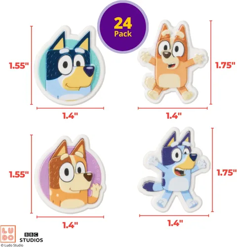 Vista 4 de DecoPac Bluey So Much Fun Anillos, 24 decoraciones para cupcakes con Bluey, Bingo, Bandit y Chilli, 3D seguros para alimentos, paquete de 24
