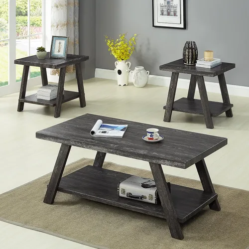 Vista 14 de Roundhill Furniture Atenas Juego de mesa de café de 3 piezas de estante de madera contemporánea, negro