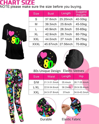 Vista 2 de Juego de 19 piezas de disfraz de los años 80, camiseta, leggings, falda tutú, diadema, collar, pulseras, aretes, guantes, calentadores de piernas