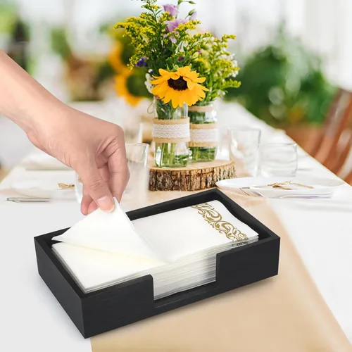 Vista 3 de Servilletero de Madera Negro Soporte para Toallas de Invitados Soporte Plano para Servilletas de Baño Soporte para Servilletas Desechables Bandeja