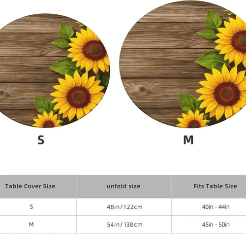 Vista 4 de Famame Mantel redondo ajustable con protector elástico, mantel de madera con diseño de girasol para cocina, cena, impermeable, a prueba de aceite