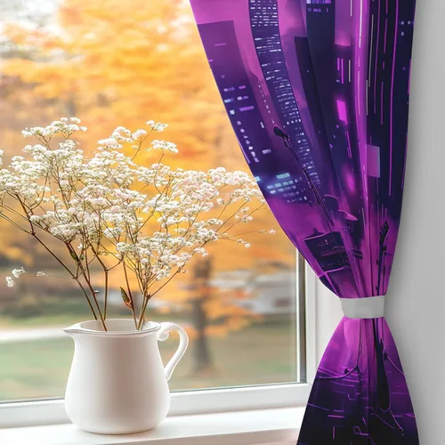 Vista 6 de Neon Synthwave Kitchen Curtains 2 Panels, Neon Cyberpunk Blackout Curtains Thermal Insulated Small Window Curtains, Colorful Futuristic Drapes
