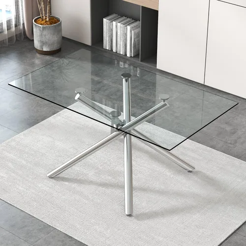 Vista 7 de Mesa de comedor rectangular de cristal minimalista grande y moderna para 4 y 8 personas con mesa de vidrio templado de 0.39 pulgadas y patas