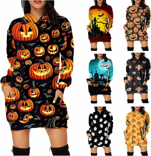 Vista 5 de HPJKLYTR Vestido con capucha de Halloween para mujer, moda de otoño 2023, manga larga, sudadera con capucha y bolsillos