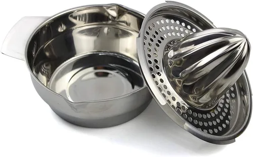 Vista 2 de Exprimidor de frutas manual de acero inoxidable, para limón, lima, naranja con recipiente para colar colador